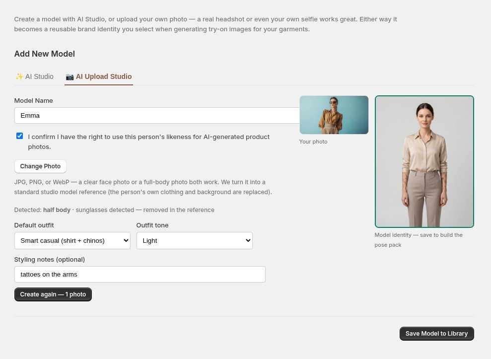 The AI Upload Studio: uploaded photo and generated model identity side by side, with detected subject, outfit and tone options, and a styling note