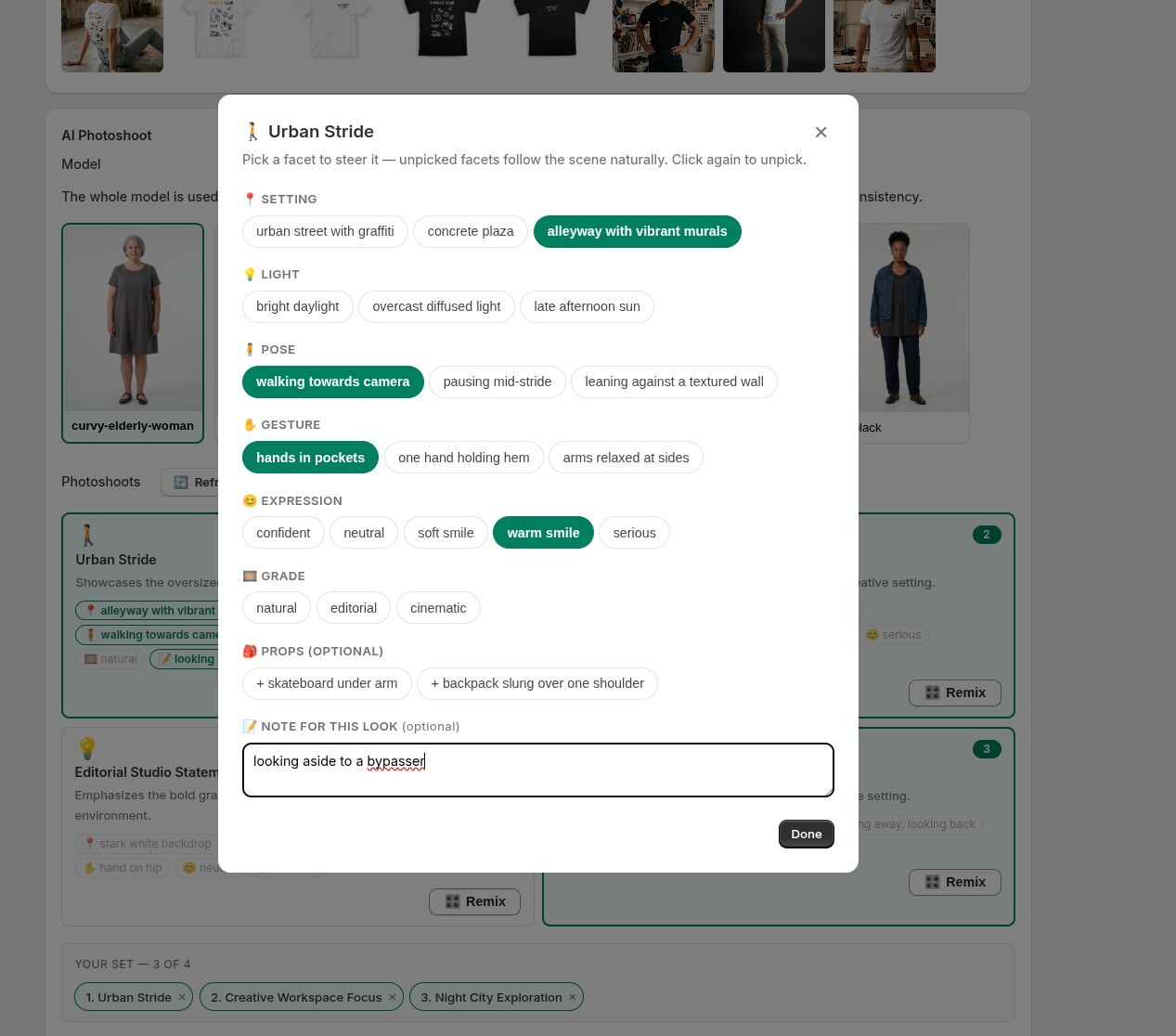 The Remix dialog with a free-text note field below the setting, light, pose, gesture, expression and grade options