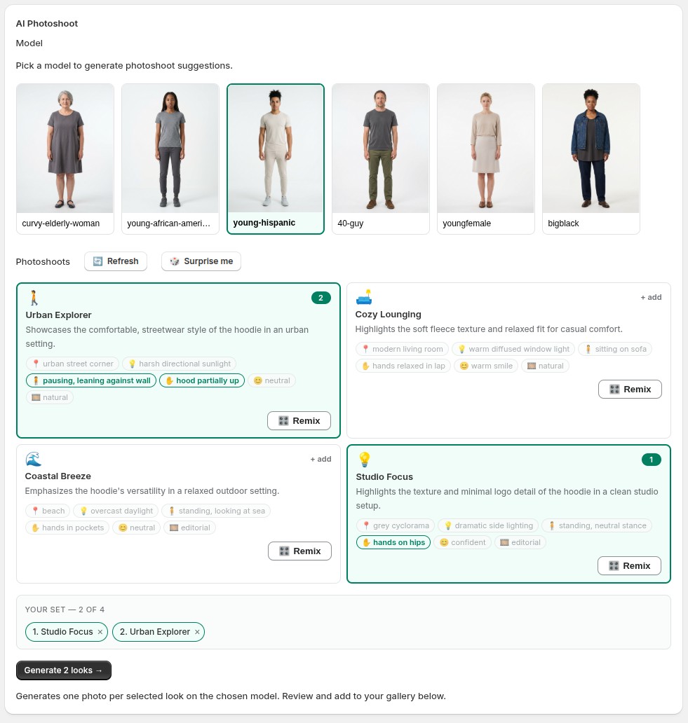 The model picker above photoshoot suggestion cards tailored to the selected model