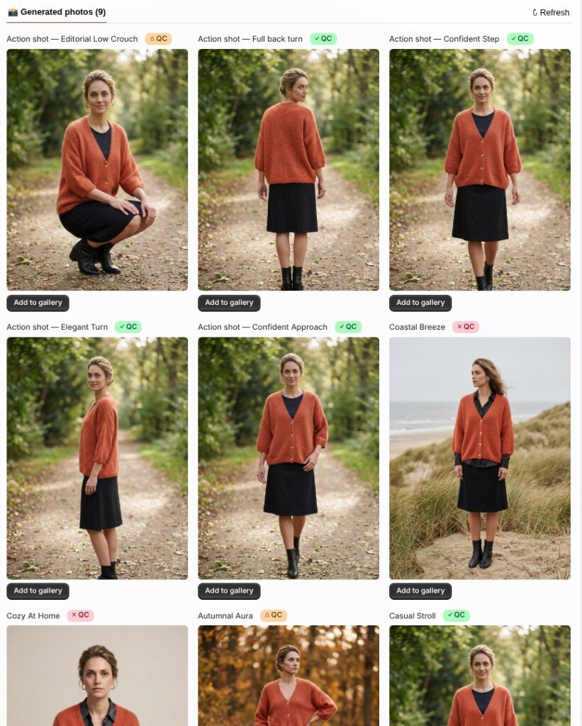 The Generated photos grid with green, amber and red QC badges on each shot