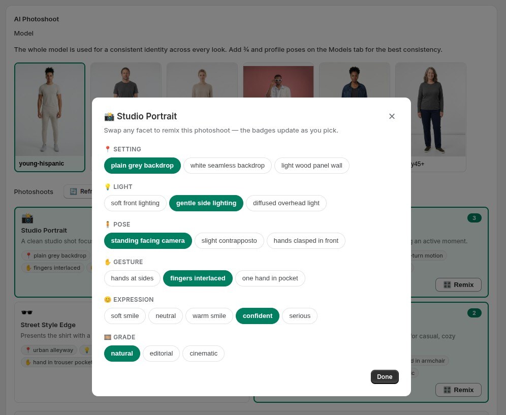 The Remix modal showing setting, light, pose, gesture, expression and grade options