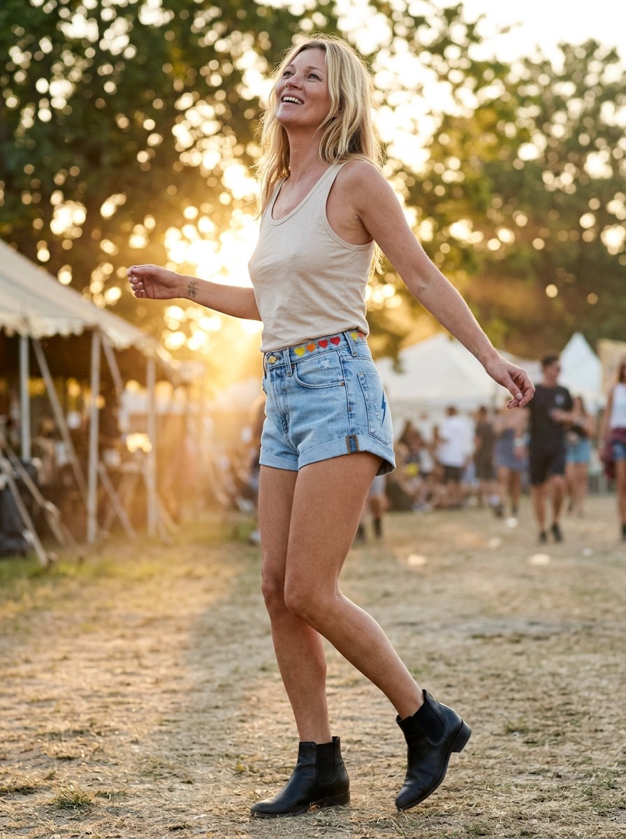 The same shorts in a lively festival moment, caught mid-stride