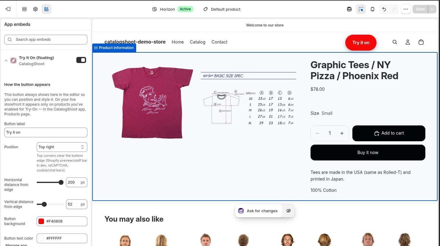 Positioning the storefront Try it on button in the Shopify theme editor