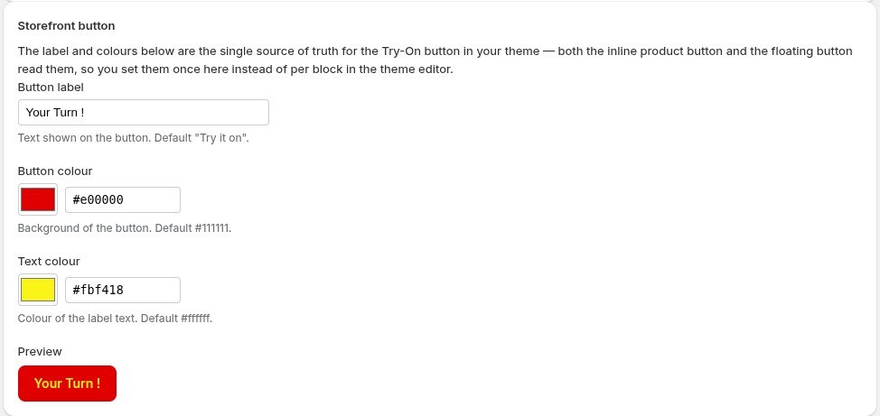 Try-On settings — the Storefront button section with label, colour pickers and live preview