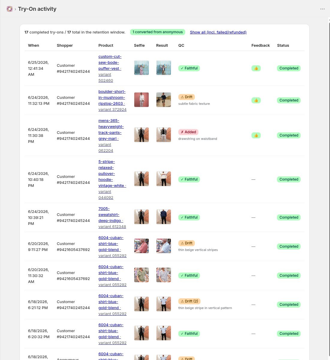 Try-On activity — a live feed of storefront try-ons