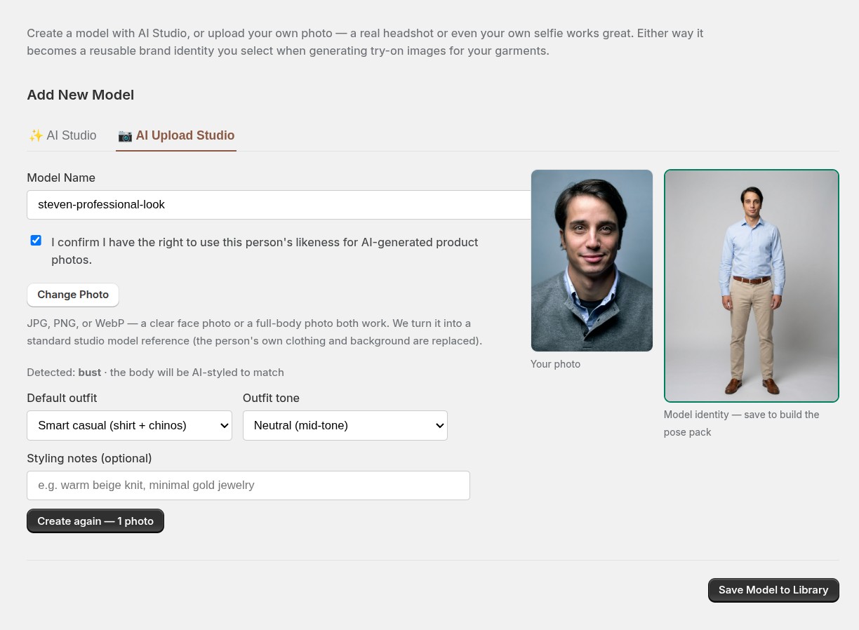 AI Upload Studio — a real photo restaged as a clean studio model, shown next to the original