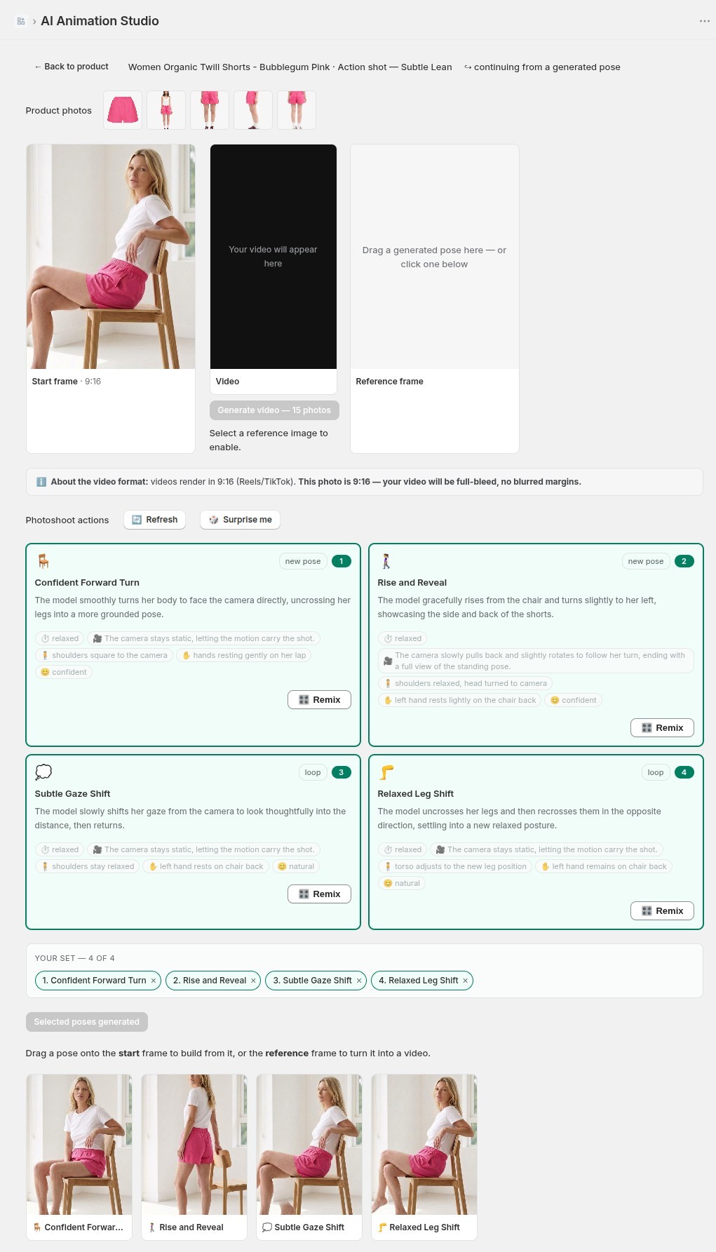 AI Animation Studio — start frame, video and reference frame, with photoshoot actions and your generated poses below