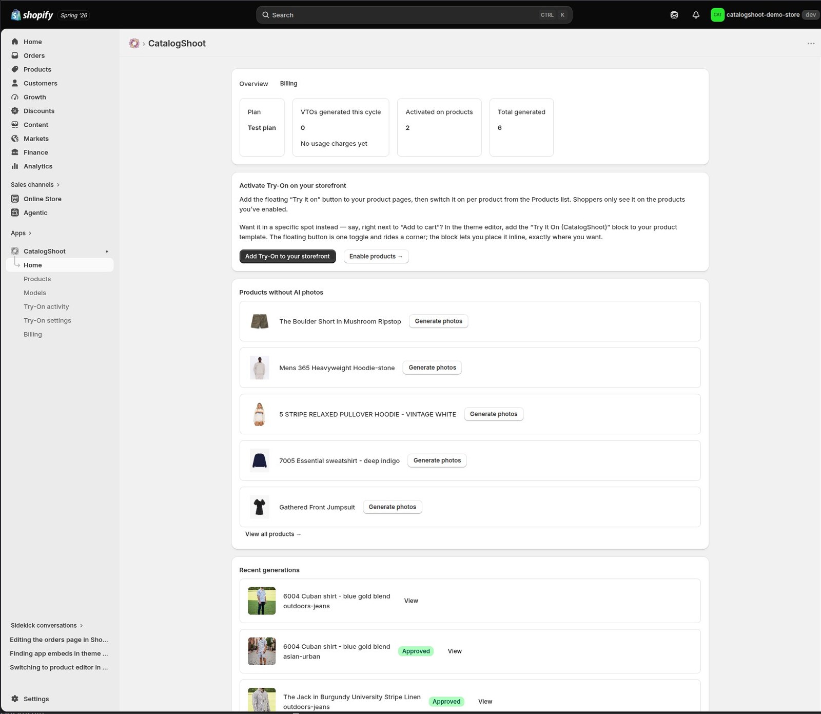 The CatalogShoot admin — Home, with usage and quick starts
