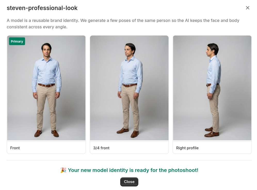 A finished pose pack — front, three-quarter and profile of the same model