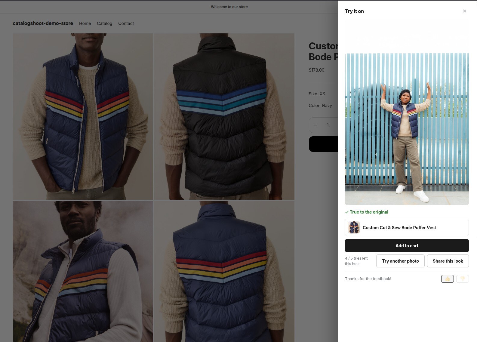 A shopper taps Try-On, uploads a selfie, and sees the garment on themselves