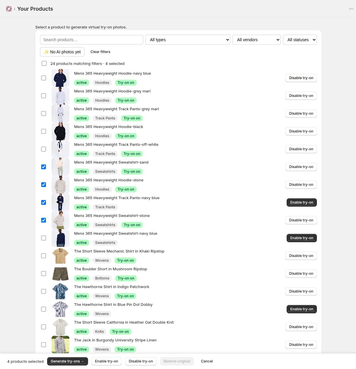 Products page — switch Try-On on per product or in bulk